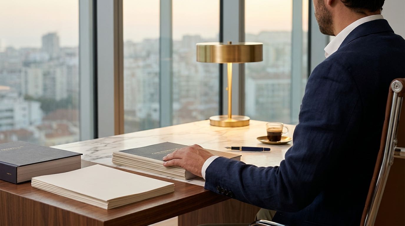 An American investor reviews Portuguese fund documents and US tax forms at a desk with a Lisbon skyline behind.