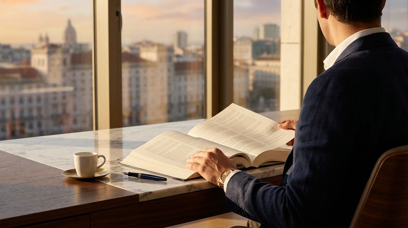 An investor reads a printed fund prospectus at a desk with a Lisbon cityscape in the background.
