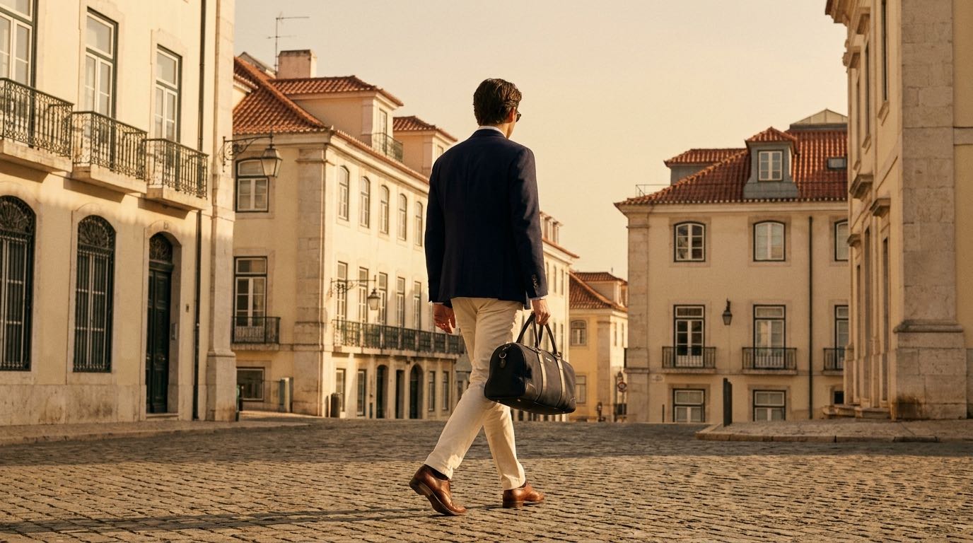 An anonymous traveller walks through a sunlit Lisbon square with a small carry-on bag at golden hour.