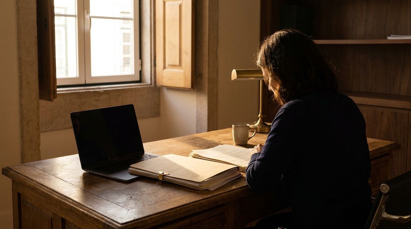 An anonymous applicant reviews a stack of official documents at a desk in a Lisbon office at golden hour.