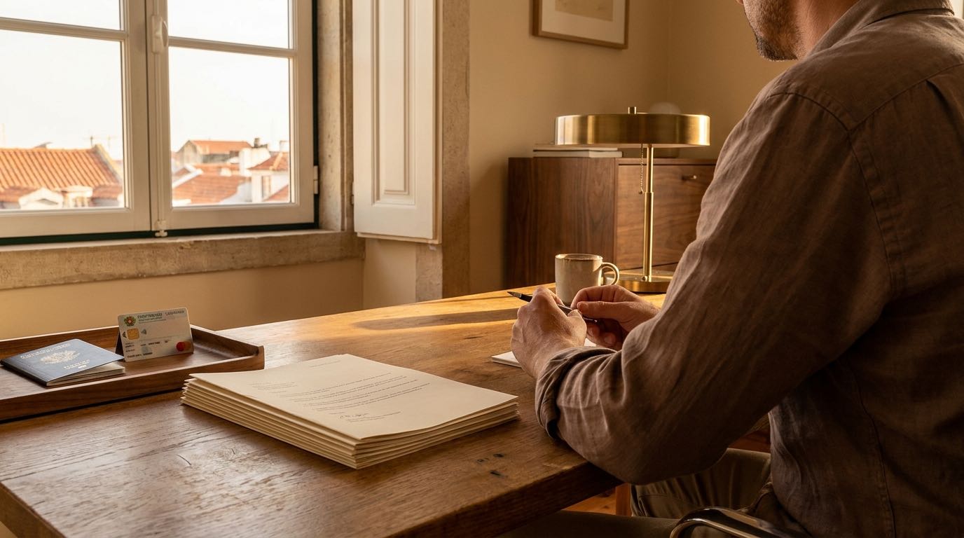 An anonymous person reviews a Portuguese residence card and paperwork at a sunlit desk overlooking Lisbon rooftops.